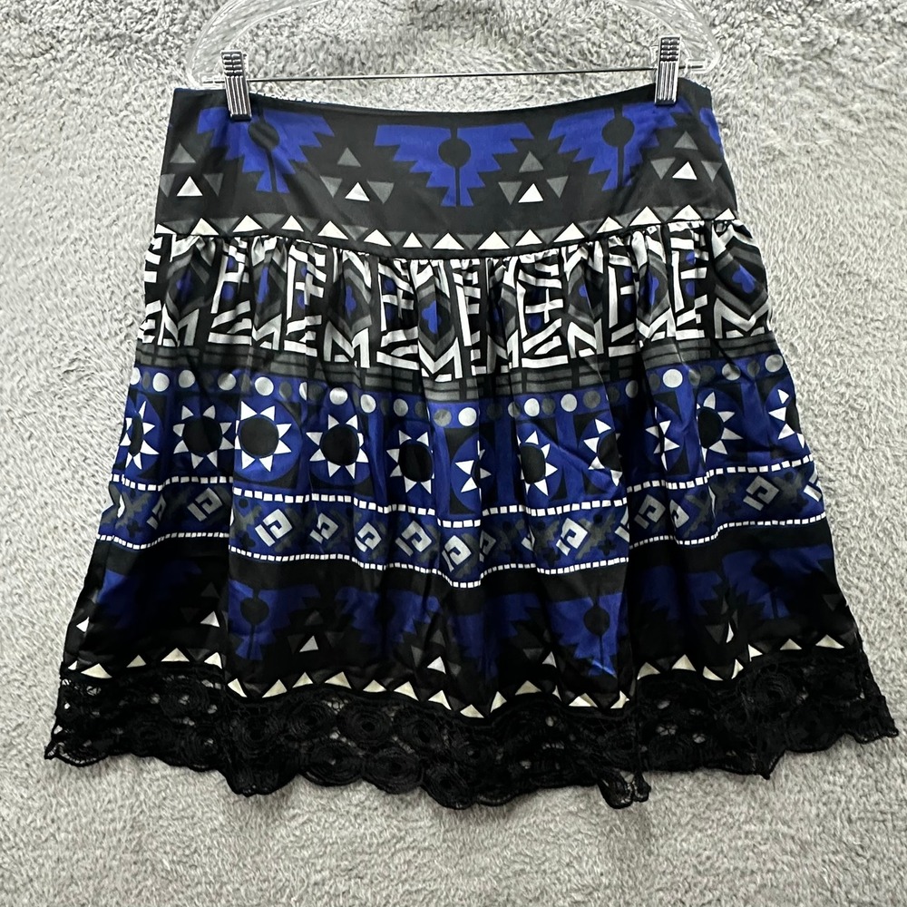 VTG Ice Women's Size 14 Blue Geometric Tribal Print Lace Trim Mini Skirt EUC